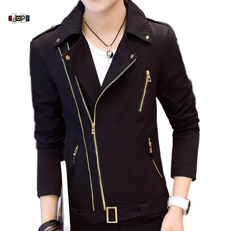 Idopy-한국 스타일 남성 오토바이 재킷, 불규칙한 지퍼 슬림핏 집업 라펠 칼라 멀티 지퍼 코트, 남성용 패션